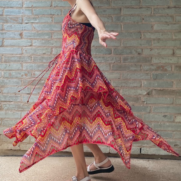 Tiered Maxi Dress Boho Red Lace Up Ruffled Handkerchief Hem Midi Sundress - Picture 6 of 15